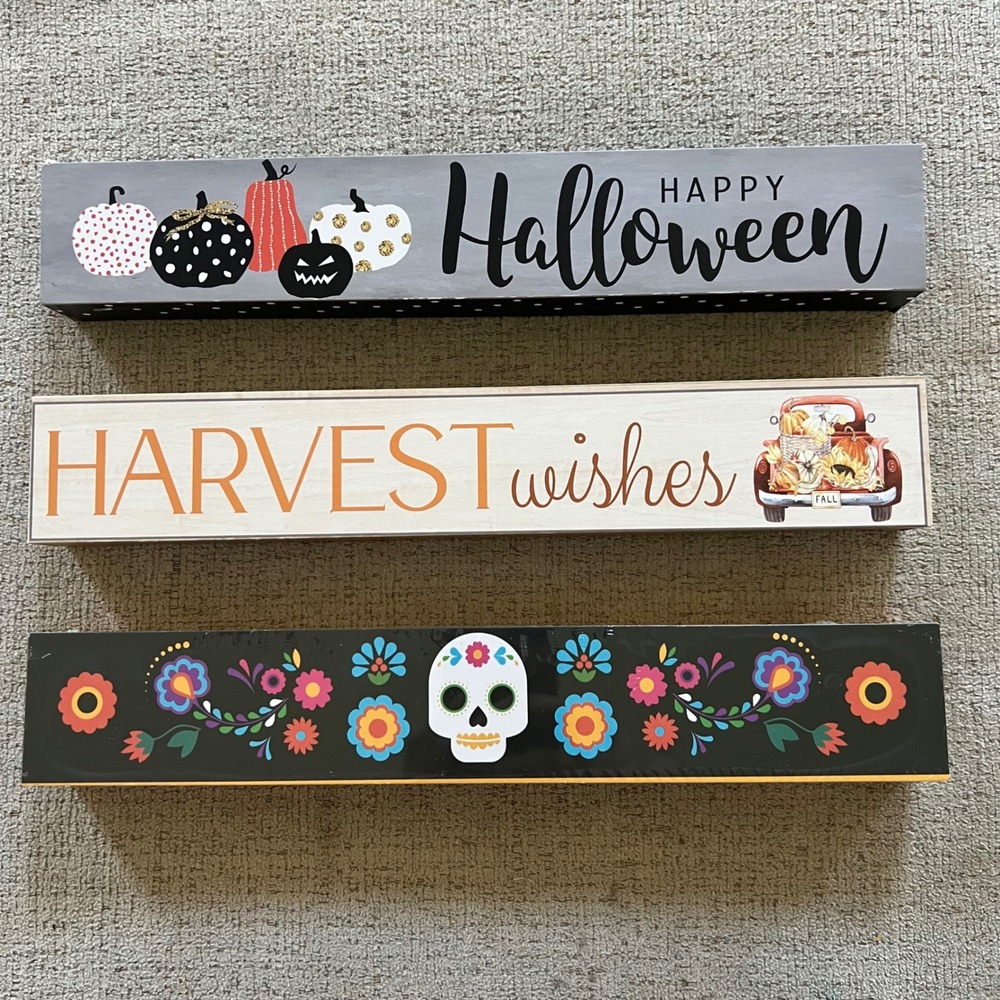 Set of 3 Halloween Harvest Day of the Dead Wood Block Signs Fall Decor 12in